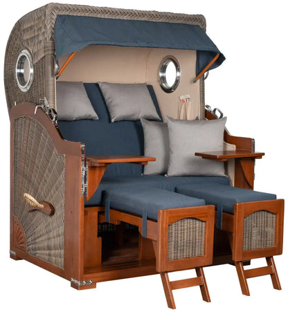 Strandkorb Mr. Deko Düne Bullaugen Mahagoni PE grey 2-Sitzer mit komfortablen Kissen und Holzdetails