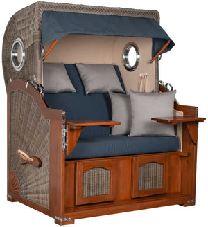 Strandkorb Mr. Deko Düne Bullaugen Mahagoni PE grey 2-Sitzer mit bequemem Polster und stilvollem Design.