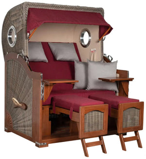 Strandkorb Mr. Deko Düne Bullaugen Mahagoni PE grey 2-Sitzer mit luxuriösem Design und gemütlicher Sitzgelegenheit.