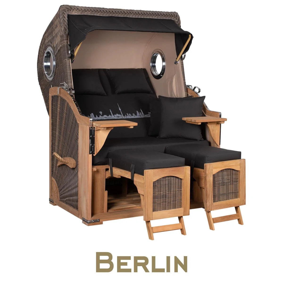 Strandkorb Mr. Deko Skyline Düne Bullaugen Teak PE grey 2 Sitzer Dessin Berlin