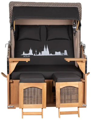 Strandkorb Mr. Deko Skyline Düne Bullaugen Teak PE grey 2 Sitzer Dessin Köln