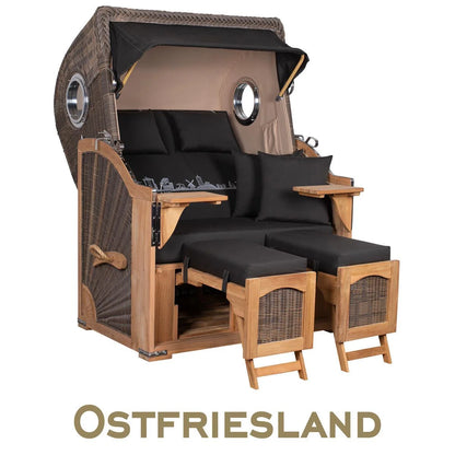 Strandkorb Mr. Deko Skyline Düne Bullaugen Teak PE grey 2 Sitzer Dessin Ostfriesland