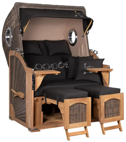 Strandkorb Mr. Deko Skyline Düne Bullaugen Teak PE grey 2 Sitzer Dessin Ottifant