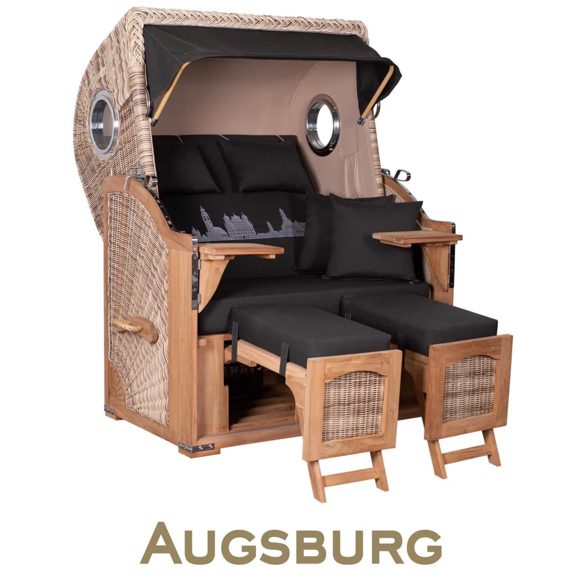 Strandkorb Mr. Deko Skyline Düne Bullaugen Teak PE shell 2 Sitzer Dessin Augsburg