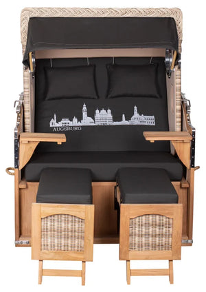 Strandkorb Mr. Deko Skyline Düne Bullaugen Teak PE shell 2 Sitzer Dessin Augsburg
