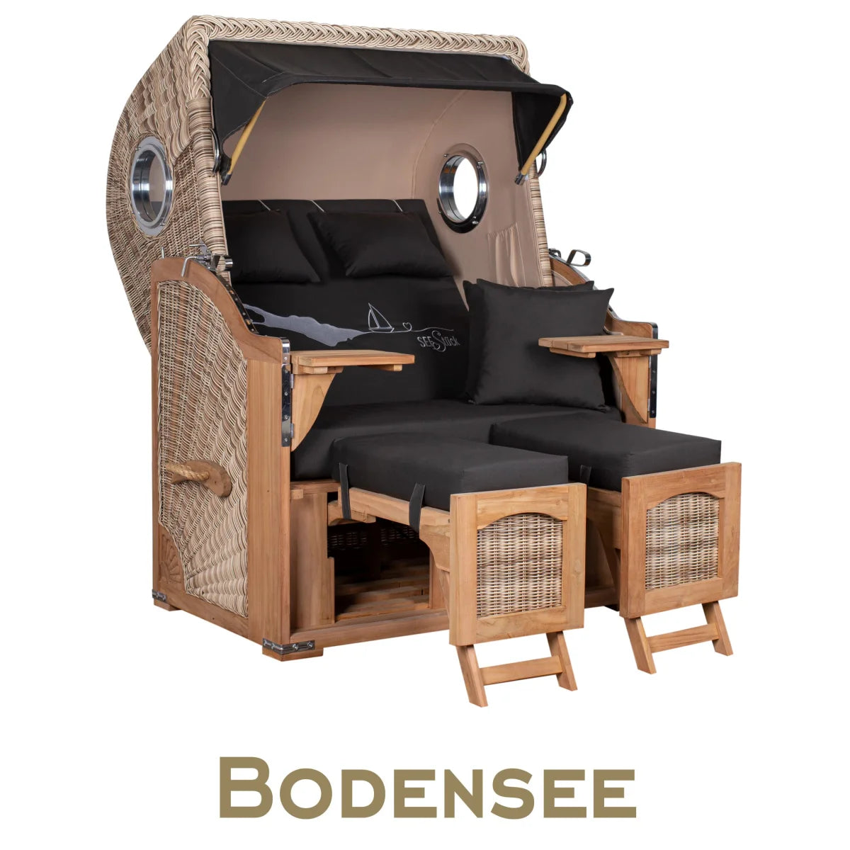 Strandkorb Mr. Deko Skyline Düne Bullaugen Teak PE shell 2 Sitzer Dessin Bodensee