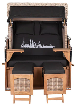 Strandkorb Mr. Deko Skyline Düne Bullaugen Teak PE shell 2 Sitzer Dessin Bremen WK