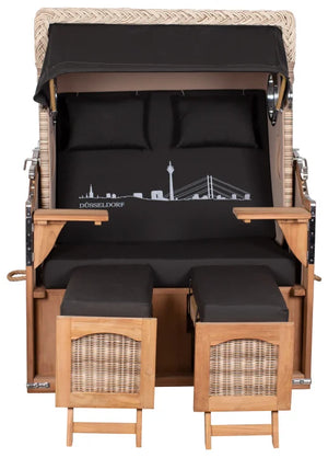 Strandkorb Mr. Deko Skyline Düne Bullaugen Teak PE shell 2 Sitzer Dessin Düsseldorf