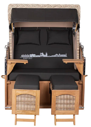 Strandkorb Mr. Deko Skyline Düne Bullaugen Teak PE shell 2 Sitzer Dessin Erfurt