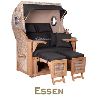 Strandkorb Mr. Deko Skyline Düne Bullaugen Teak PE shell 2 Sitzer Dessin Essen
