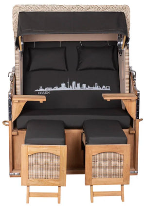 Strandkorb Mr. Deko Skyline Düne Bullaugen Teak PE shell 2 Sitzer Dessin Essen