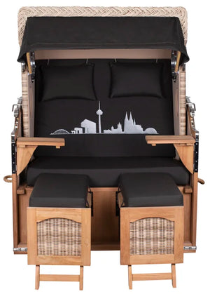 Strandkorb Mr. Deko Skyline Düne Bullaugen Teak PE shell 2 Sitzer Dessin Köln