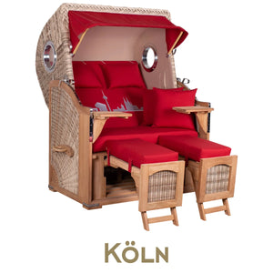 Strandkorb Mr. Deko Skyline Düne Bullaugen Teak PE shell 2 Sitzer Dessin Köln rot