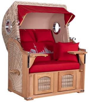 Strandkorb Mr. Deko Skyline Düne Bullaugen Teak PE shell 2 Sitzer Dessin Köln rot