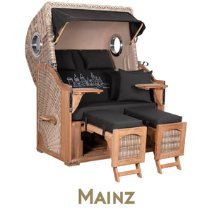 Strandkorb Mr. Deko Skyline Düne Bullaugen Teak PE shell 2 Sitzer Dessin Mainz