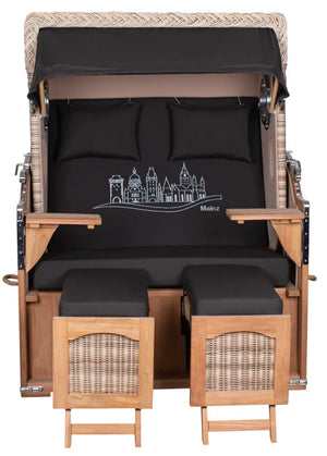 Strandkorb Mr. Deko Skyline Düne Bullaugen Teak PE shell 2 Sitzer Dessin Mainz