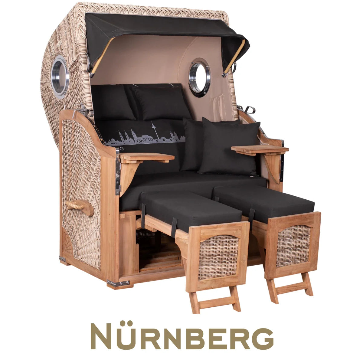Strandkorb Mr. Deko Skyline Düne Bullaugen Teak PE shell 2 Sitzer Dessin Nürnberg
