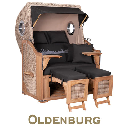 Strandkorb Mr. Deko Skyline Düne Bullaugen Teak PE shell 2 Sitzer Dessin Oldenburg