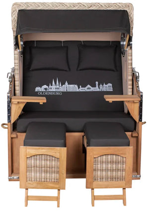Strandkorb Mr. Deko Skyline Düne Bullaugen Teak PE shell 2 Sitzer Dessin Oldenburg