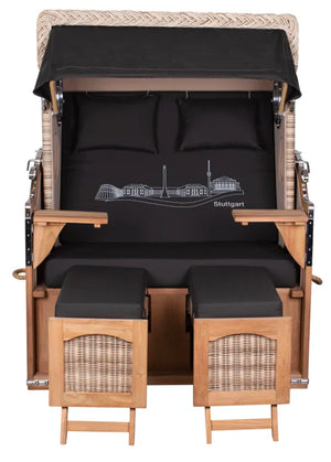 Strandkorb Mr. Deko Skyline Düne Bullaugen Teak PE shell 2 Sitzer Dessin Stuttgart