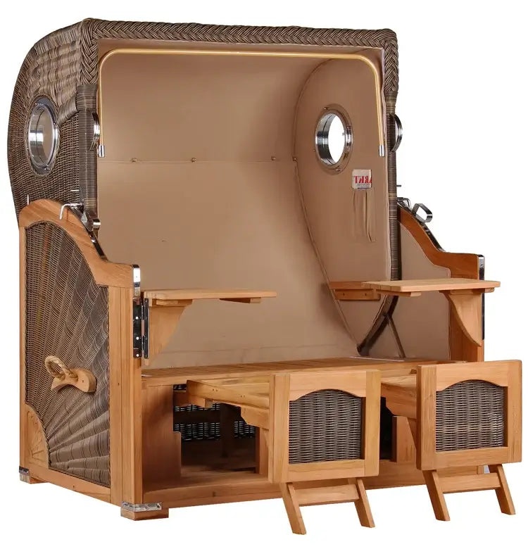 Strandkorb Mr. Deko Düne Bullaugen Teak PE grey 2-Sitzer mit robustem Design und elegantem Look.