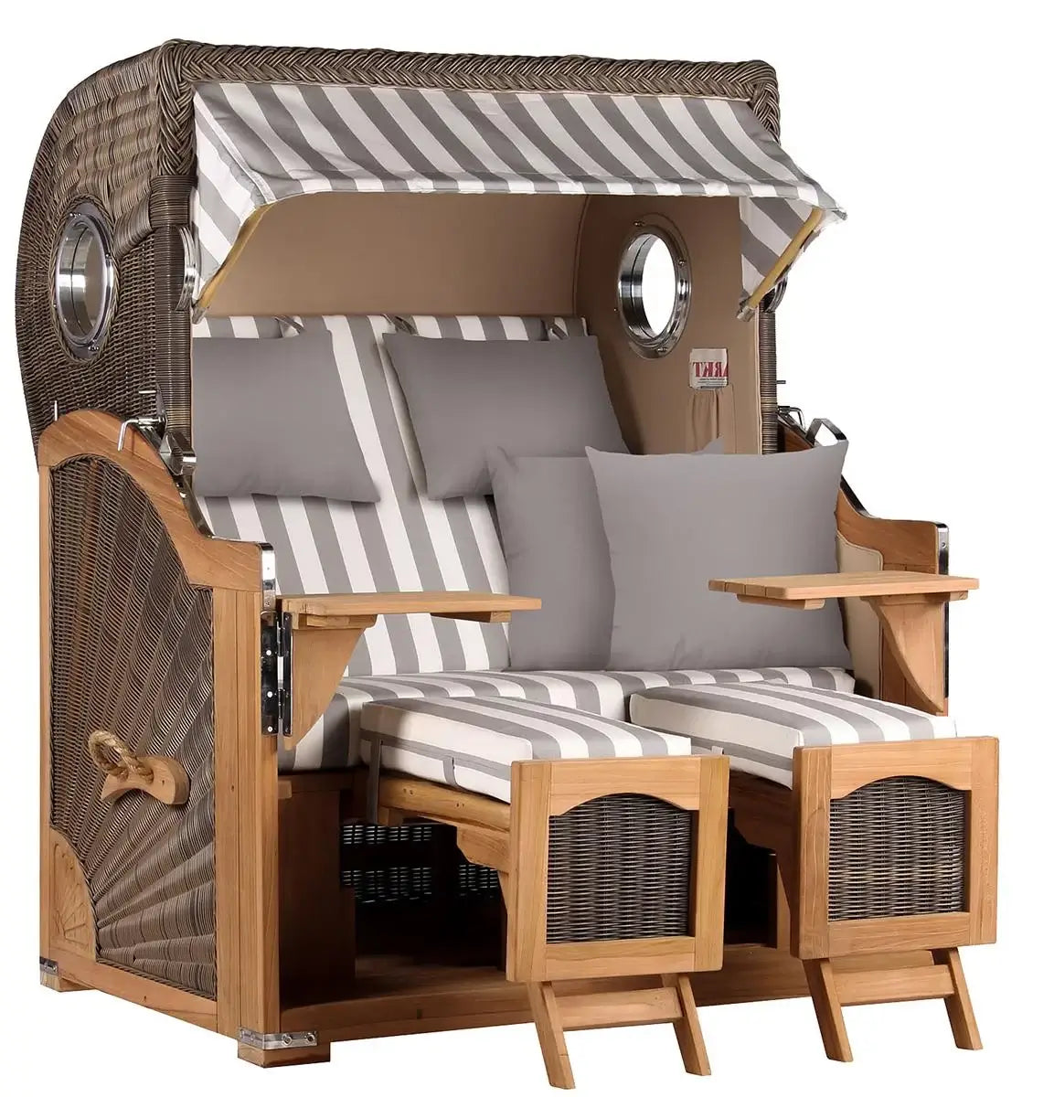 Strandkorb Mr. Deko Düne Bullaugen Teak PE grey 2-Sitzer Dessin 513 grau weiss mit komfortablem Design und hochwertigem Material.
