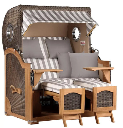 Strandkorb Mr. Deko Düne Bullaugen Teak PE grey 2-Sitzer Dessin 513 grau weiss mit komfortablem Design und hochwertigem Material.