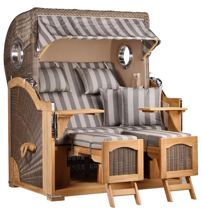 Komplettpaket Strandkorb Düne Grande Bullaugen Teak PE grey 2,5 Sitzer Dessin 537 grau gestreift