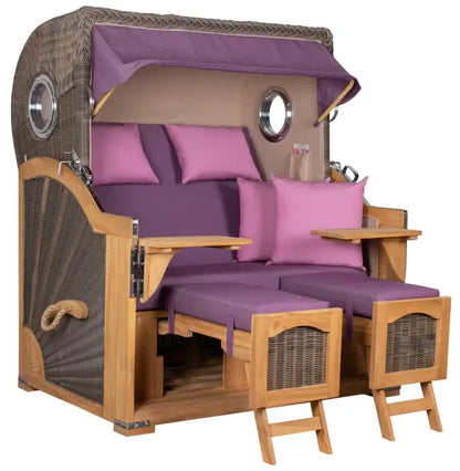 Strandkorb Mr. Deko Düne Grande 2,5 Sitzer Bullaugen in grey mit komfortablen Kissen und Teak-Gestell.