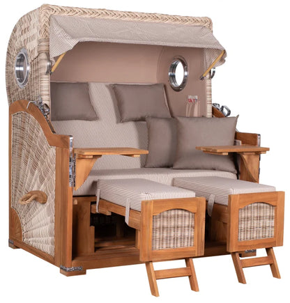 Komplettpaket Strandkorb Düne Grande Bullaugen Teak PE shell 2,5 Sitzer Dessin 510 creme gestreift