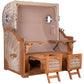 Komplettpaket Strandkorb Düne Grande Bullaugen Teak PE shell 2,5 Sitzer Dessin 510 creme gestreift