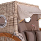 Komplettpaket Strandkorb Düne Grande Bullaugen Teak PE shell 2,5 Sitzer Dessin 510 creme gestreift