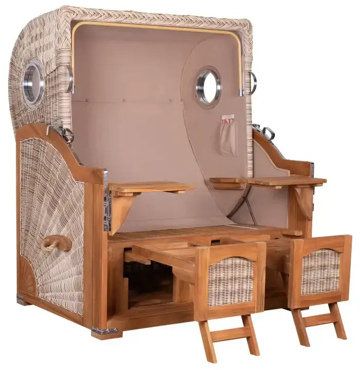 Strandkorb Mr. Deko Düne Bullaugen Teak PE shell 2-Sitzer Dessin 513 grau weiss mit Holzdetails und Sitzkomfort