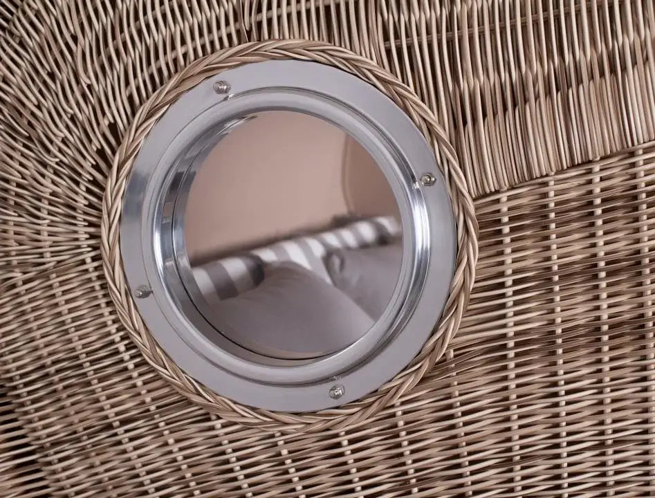 Strandkorb Mr. Deko Düne Bullaugen Detailaufnahme mit edlem PE-Geflecht und robustem Design.