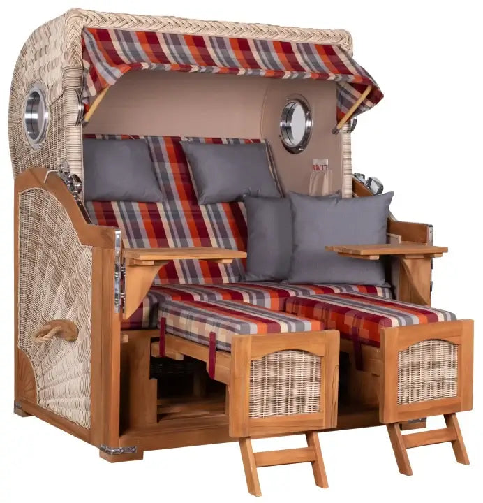 Komplettpaket Strandkorb Düne Grande Bullaugen Teak PE shell 2,5 Sitzer Dessin 584 orange grau kariert