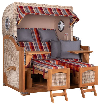 Komplettpaket Strandkorb Düne Grande Bullaugen Teak PE shell 2,5 Sitzer Dessin 584 orange grau kariert