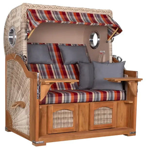 Komplettpaket Strandkorb Düne Grande Bullaugen Teak PE shell 2,5 Sitzer Dessin 584 orange grau kariert