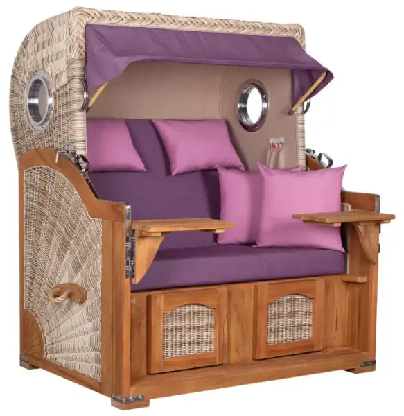 Strandkorb Mr. Deko Düne Bullaugen Teak PE shell, eleganter 2-Sitzer mit gemütlichen Kissen in Lila.