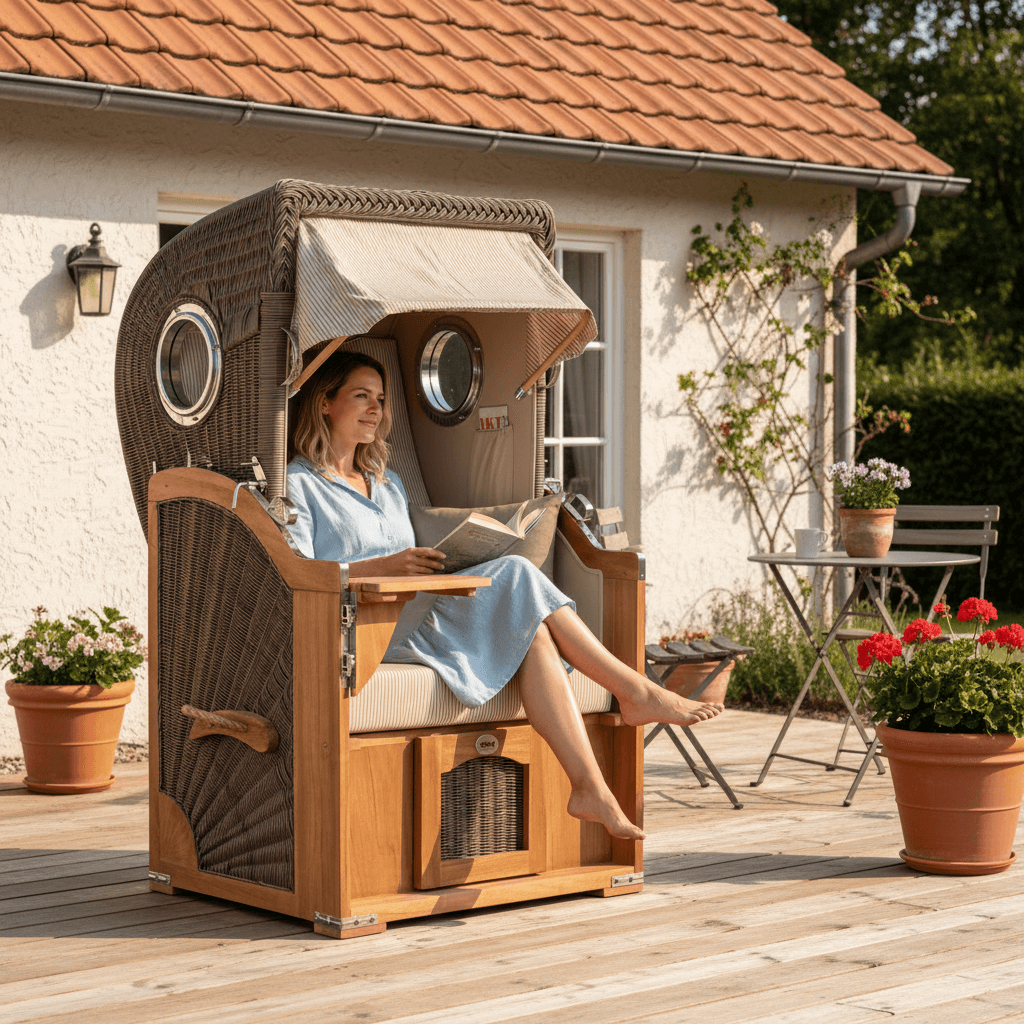 Strandkorb Mr. Deko Düne Bullaugen Teak PE-grey 1-Sitzer Dessin 510 beige braun auf Terrasse mit Frau beim Lesen