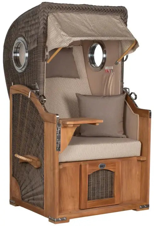 Strandkorb Mr. Deko Düne Bullaugen Teak PE-grey 1-Sitzer in beige braun für kleine Terrassen und Gärten