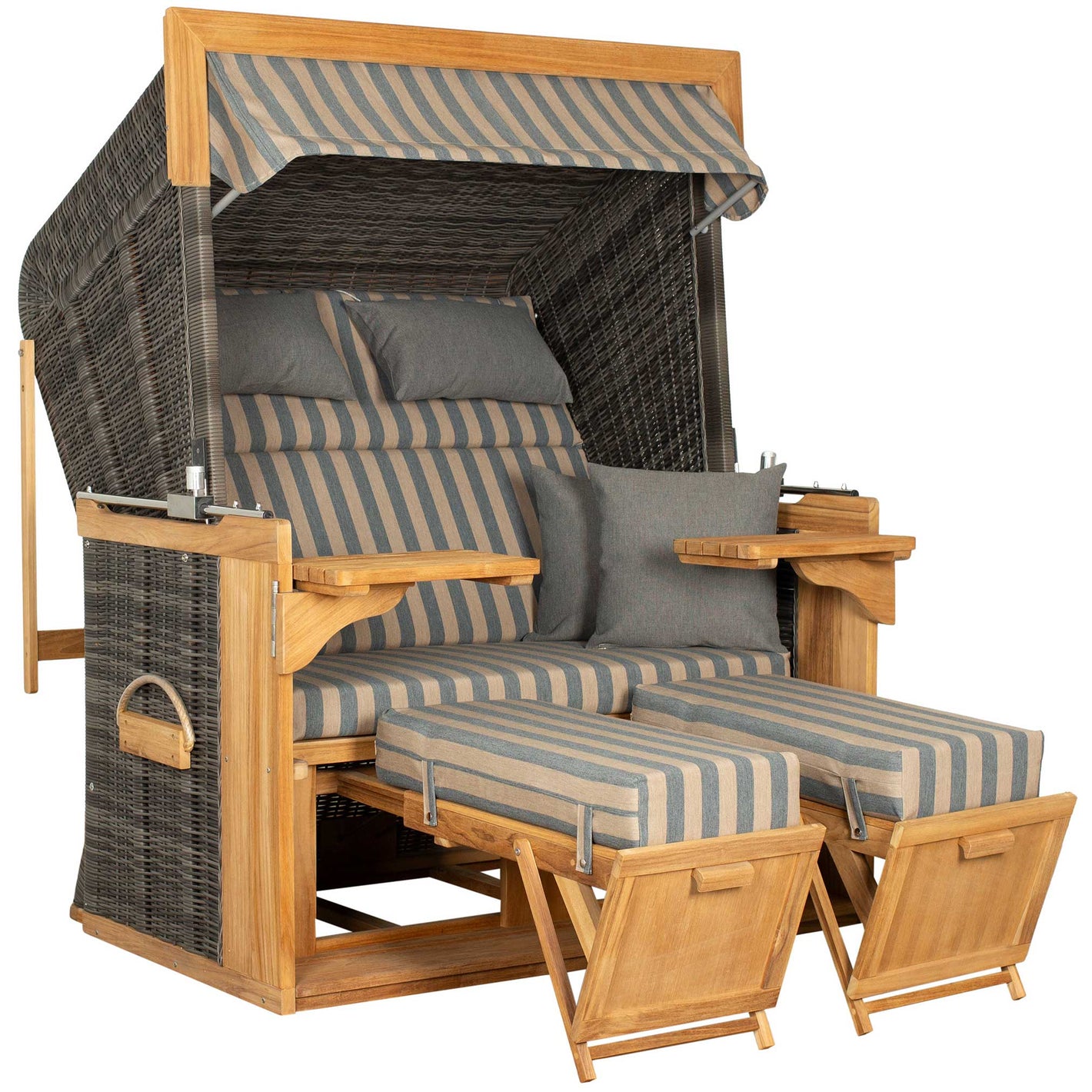 Strandkorb deVries PURE Friesland Sylt Teak PE stone grey Des. 248 in XL mit Fußstützen, Klapptischen und Polsterung gestreift