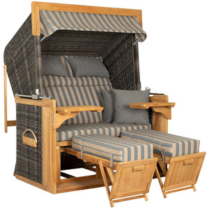 Strandkorb deVries PURE Friesland Sylt Teak PE stone grey Des. 248 in XL mit Fußstützen, Klapptischen und Polsterung gestreift