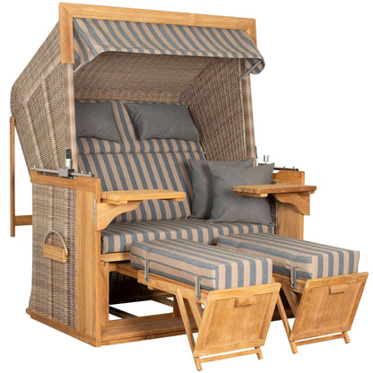 Strandkorb deVries PURE Friesland Sylt Teak PE white kubu Dessin 248 in XL XXL mit verstellbarer Sonnenhaube und Fußstützen