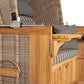 Strandkorb deVries PURE Friesland Sylt Teak Detail mit Klapptisch und grau gestreiften Polstern Dessin 248