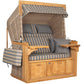 Strandkorb deVries PURE Friesland Sylt Teak PE white kubu Dessin 248 in XL mit Klapptischen und Kissen in Grau-Beige-Streifen