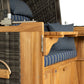 Strandkorb deVries PURE Friesland Sylt Teak PE stone grey Dessin 249 Seitenansicht mit Teakholz-Korpus und blauen Kissen