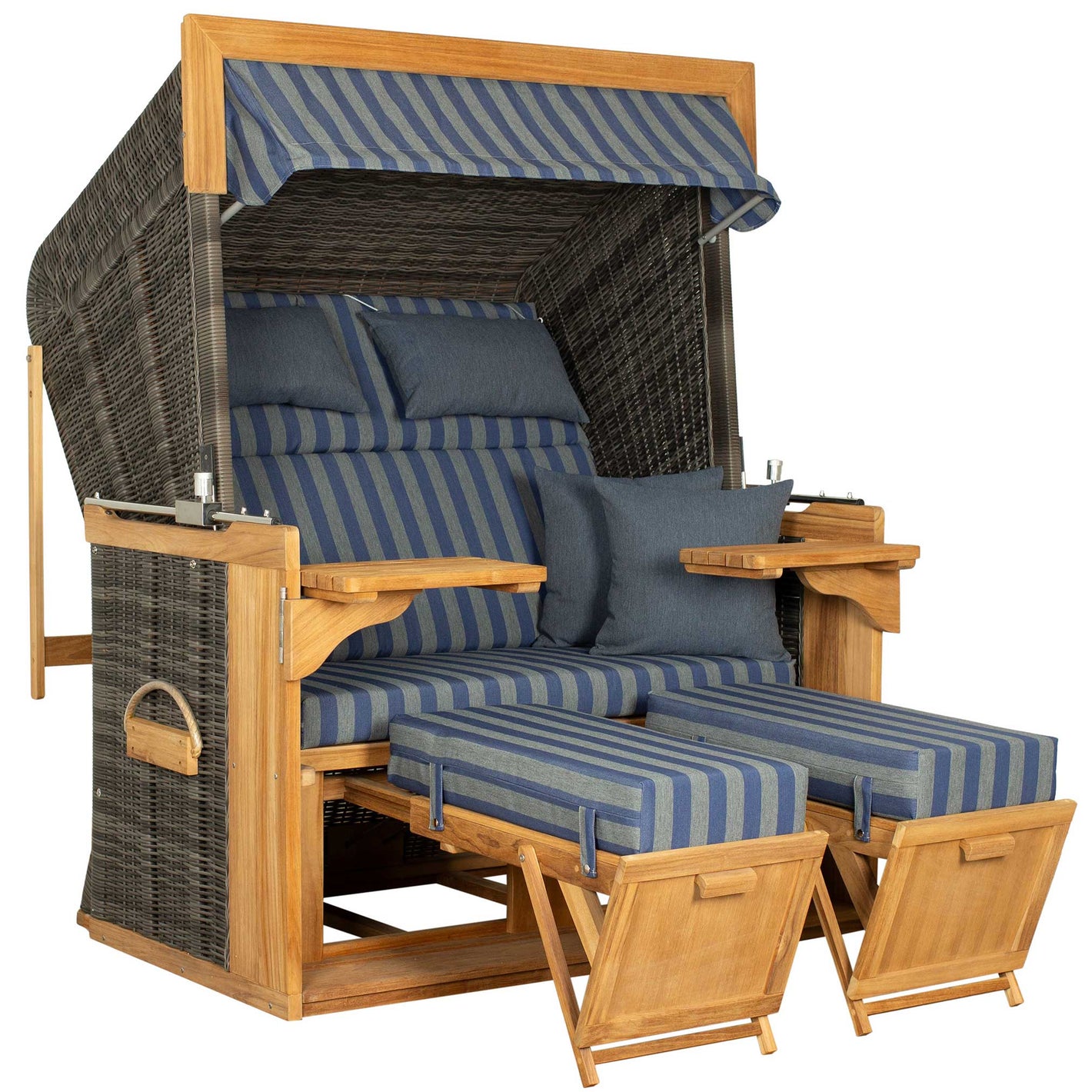 Strandkorb deVries PURE Friesland Sylt Teak PE stone grey Dessin 249 XL XXL mit blau gestreifter Polsterung