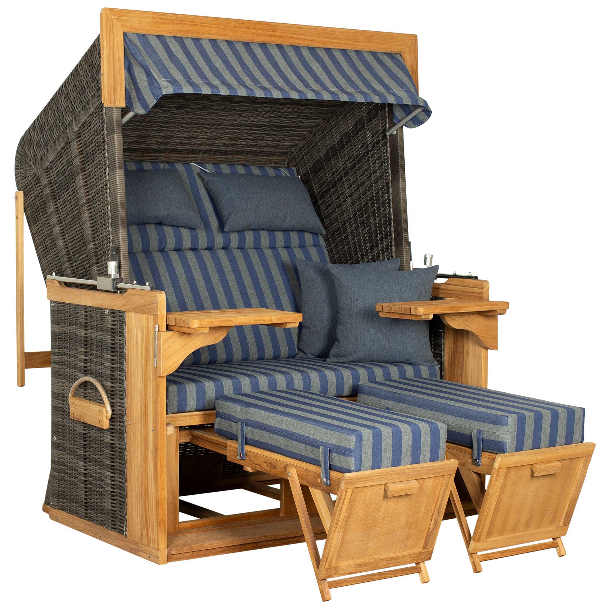 Strandkorb deVries PURE Friesland Sylt Teak PE stone grey Dessin 249 XL XXL mit blau gestreifter Polsterung
