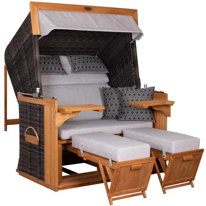 Strandkorb deVries PURE Friesland Sylt Teak PE stone grey Dessin 507 in XL mit Komfort-Polsterung, Fußstützen und Seitentischen