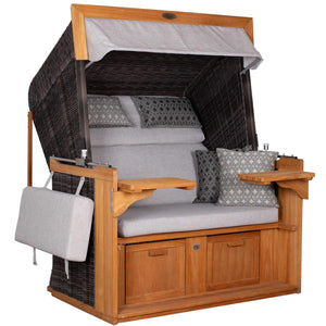 Strandkorb deVries PURE Friesland Sylt Teak PE stone grey Dessin 507 in XL mit hellgrauen Polstern und Ablagetischen aus Teakholz